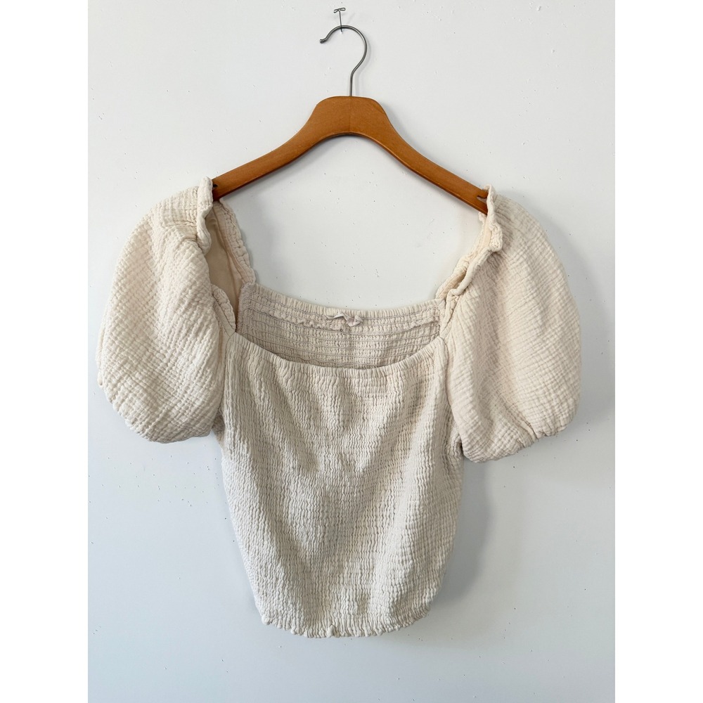 Lush Smocked Puff Sleeve Crop Top Women Cottagecore Gauze Cream Ivory S